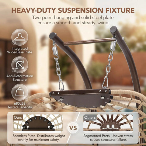 Close-up of heavy-duty suspension fixture on Double Swing Egg Chair With Stand For Two People, showcasing steel chain and stability features.