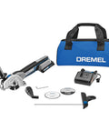 Super Duper Versatile 20Volt Max Cordless Compact Multi Saw Tool Kit Featuring Flush Plunge And Surface Prep Cutting Functions with accessories in blue bag.