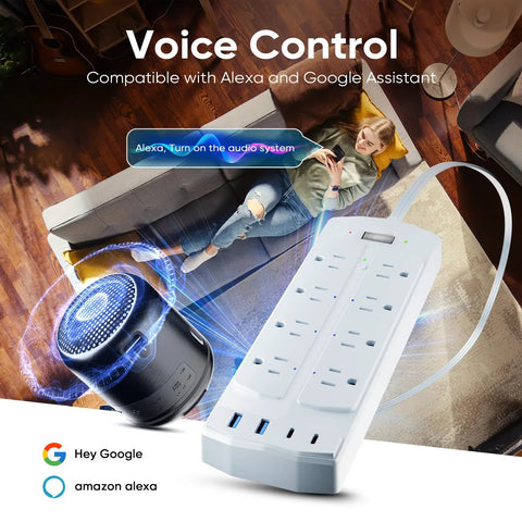 Killer Smart Power Strip And Charging Station Featuring Six Controlled Outlets Plus Four Usb Ports With Rapid Type C Delivery in use with voice control.