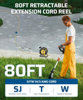 Man using 80 Foot Heavy Duty Retractable Extension Cord Reel For Indoor Outdoor Use With Four Grounded Outlets 14/3 AWG SJTW Cord