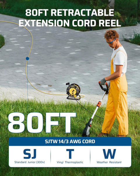 Man using 80 Foot Heavy Duty Retractable Extension Cord Reel For Indoor Outdoor Use With Four Grounded Outlets 14/3 AWG SJTW Cord