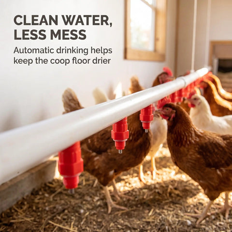 Heavy Duty Automatic Poultry Watering Nipples With Screw Style Mounting For Chickens Ducks Geese Bold Red Plastic Build installed in coop.