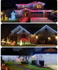 Festive homes decorated with Outdoor Icicle Lights With Clips 20 Ft 100 LED Twinkling White Christmas String Lights under eaves.