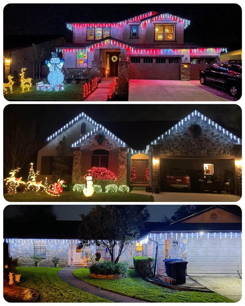 Festive homes decorated with Outdoor Icicle Lights With Clips 20 Ft 100 LED Twinkling White Christmas String Lights under eaves.