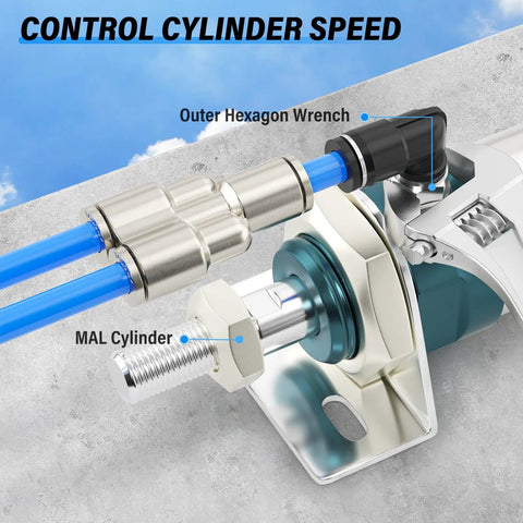 Push In Heavy Duty Pneumatic Fittings Tee And Straight Union Set installed on MAL Cylinder with blue tubing
