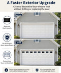Before and after of a garage door with 32 Piece Magnetic Faux Window Panels For Steel Garage Doors, 6x4 Inch Each.
