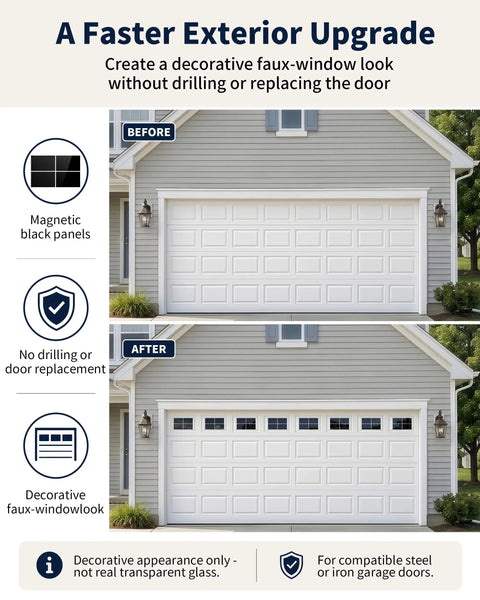 Before and after of a garage door with 32 Piece Magnetic Faux Window Panels For Steel Garage Doors, 6x4 Inch Each.