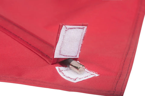 Close-up of Dive Flag With Removable Stiffening Pole 20x24 Inches showing velcro fastening detail on bright red fabric.
