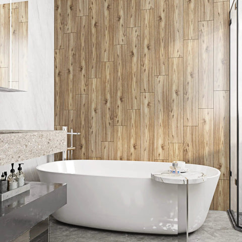 Bathroom with Wood Look Peel And Stick Vinyl Plank Flooring 6x36 Inches on the wall, featuring modern bathtub