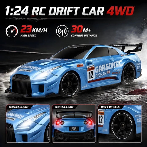 1:24 RC Drift Car With LED Lights 2.4GHz Remote Control Thrilling Speed Up To 23 Kilometers Per Hour Adjustable Pace Blue Finish