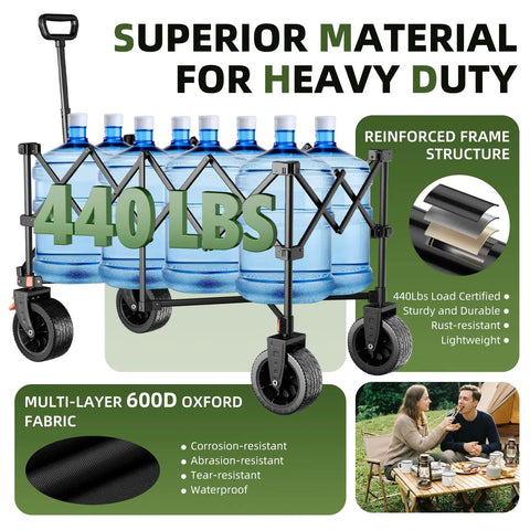 38 Inch Long Collapsible Wagon With 440Lb Capacity And 220L Interior Space Extended Frame Heavy Duty Folding Cart with water bottles