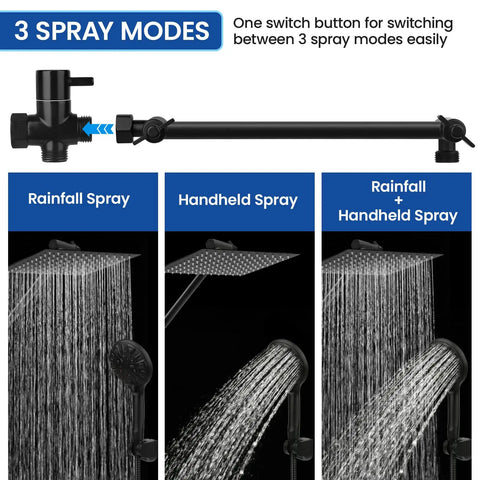 Rainfall Shower Head And Handheld Combo With 11 Inch Extension Arm In Matte Black, 8 Inch Square Rain Head With 9 Settings
