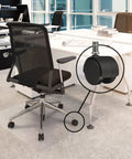 Black office chair featuring office chair caster wheel replacement on carpeted office floor for smooth and quiet mobility.