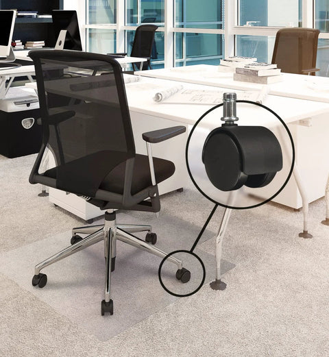 Black office chair featuring office chair caster wheel replacement on carpeted office floor for smooth and quiet mobility.
