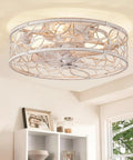 Total Game Changer Caged Ceiling Fan With Bright Light And Remote, Flush Mount Fandelier with white and gold lace design.