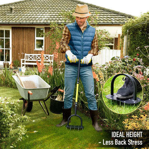 Person using 36 Inch Spike Lawn Aerator Tool With Longer Spikes, Preassembled Manual Grass Aerator for Lawn Aeration next to a wheelbarrow.