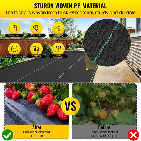 Sturdy woven PP material of heavy duty driveway and landscape fabric 6x300 ft weed barrier for erosion control and french drain projects.
