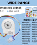 Evaporator fan motor with six-pin plug for GE and Hotpoint refrigerators, compatible with multiple part numbers, wide range shown.