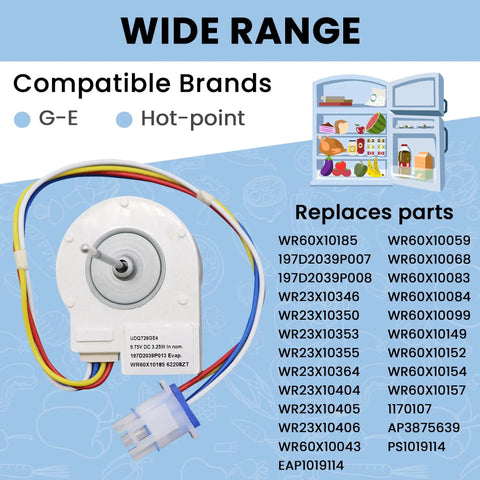 Evaporator fan motor with six-pin plug for GE and Hotpoint refrigerators, compatible with multiple part numbers, wide range shown.