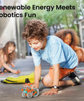 Child playing with Solar Powered Robot Building Kit For Kids Aged 8 To 14 15 In 1 DIY STEM Set with 212 pieces on pavement.