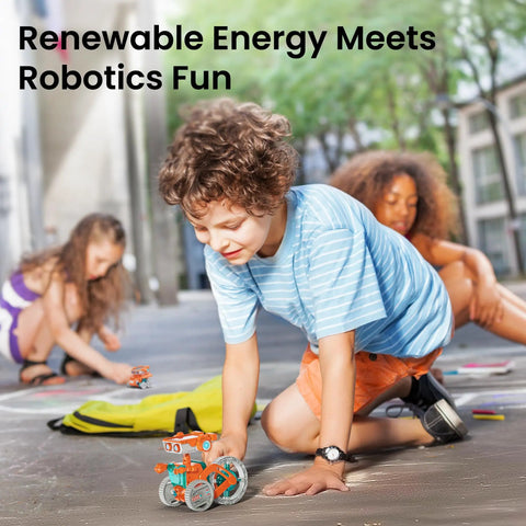 Child playing with Solar Powered Robot Building Kit For Kids Aged 8 To 14 15 In 1 DIY STEM Set with 212 pieces on pavement.