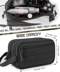 Tactical Toiletry Bag For Men EDC Hygiene Kit With Molle Pouches showing spacious interior and dimensions in black 900D fabric.