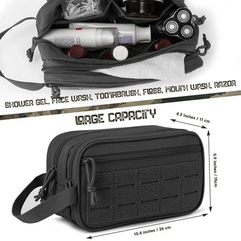 Tactical Toiletry Bag For Men EDC Hygiene Kit With Molle Pouches showing spacious interior and dimensions in black 900D fabric.