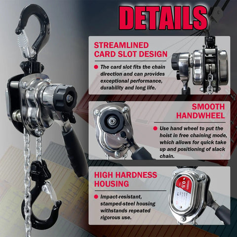 Front view of chrome mini lever block hoist with chain and hook, 1/2 ton capacity, 1.5 m (5 ft) length