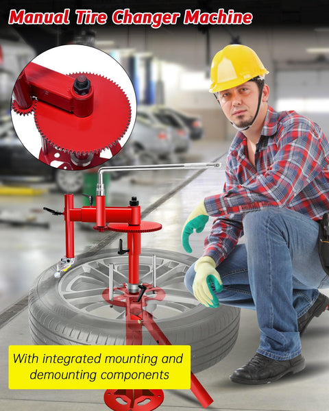 Manual Tire Changer With Gear Transmission For 16 To 21 Inch Tires Heavy Duty Hand Crank Tool in garage setting