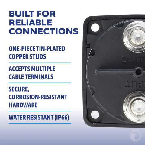 On Off Battery Switch with Knob Black M Series 6006200 for Boats and RVs closeup with copper studs and IP66 water resistance