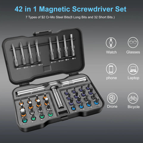 42 In 1 Magnetic Screwdriver Set With Ratcheting Handle And Storage Case, open showing bits and handle for multi-device repairs