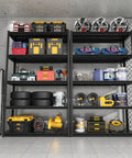 Heavy Duty 72 Inch 5 Tier Metal Storage Shelves Built Like A Tank Adjustable Garage Shelving Setup For Heavy Lifting And Big Gear Industrial Utility Rack Black Gray displaying tools and tires.