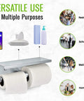 Sturdy Dual Roll Toilet Paper Holder With Shelf Wall Mount In Brushed Stainless Steel No Fuss Bathroom Dispenser With Phone Shelf For Home Or Light Commercial Use showing versatility in restaurants, schools, malls, and homes.