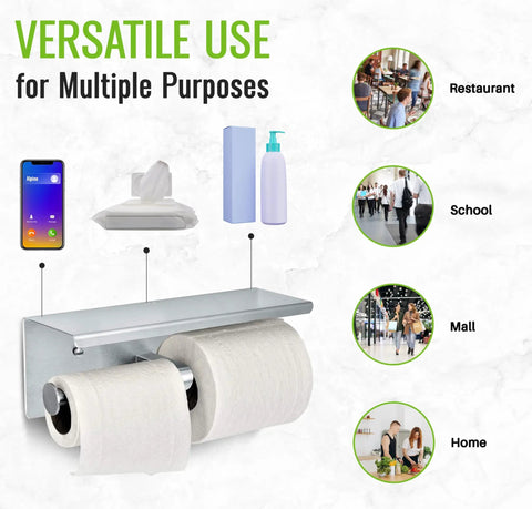 Sturdy Dual Roll Toilet Paper Holder With Shelf Wall Mount In Brushed Stainless Steel No Fuss Bathroom Dispenser With Phone Shelf For Home Or Light Commercial Use showing versatility in restaurants, schools, malls, and homes.