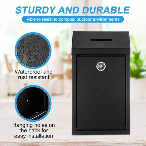 Locking Metal Donation Box With Wall Mounted Cash Box And Suggestion Slot showing weatherproof feature and hanging holes