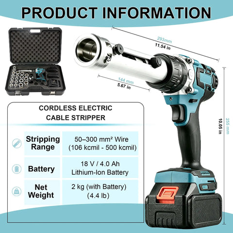 Heavy Duty Rechargeable Cable Stripper For 50-300 Mm2 Wires with adjustable length and battery specifications.