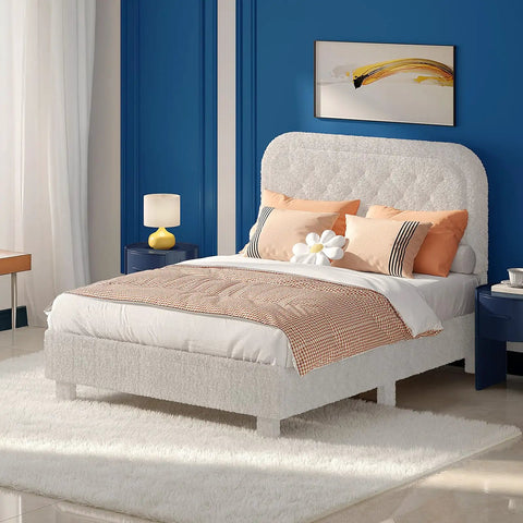 White Queen Boucle Upholstered Platform Bed With Rounded Headboard Sturdy Wood Slats Plush Cloud Back Cushioning in modern room.