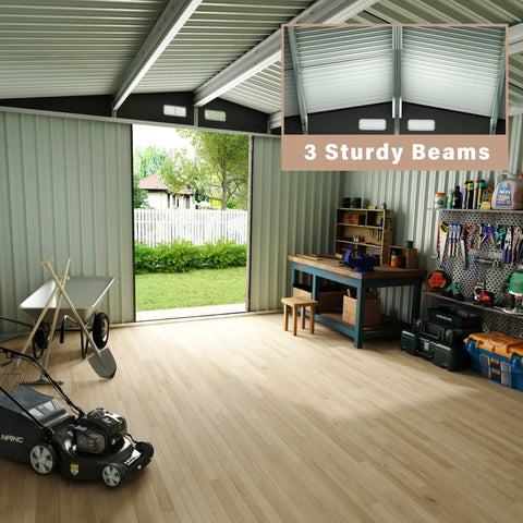 Interior view of 8x10 ft metal outdoor storage shed with sloped roof, lockable door and air vents for backyard, featuring sturdy beams.