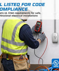 Electrician testing outlet next to UL listed Heavy Duty 4x2 Electrical Blank Cover Plates With One Half Inch Knockouts, ensuring code compliance.