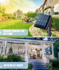 2 Pack Outdoor Solar String Lights With 400 LEDs, 151 Feet, highlighting solar panel charging by day and lighting at night