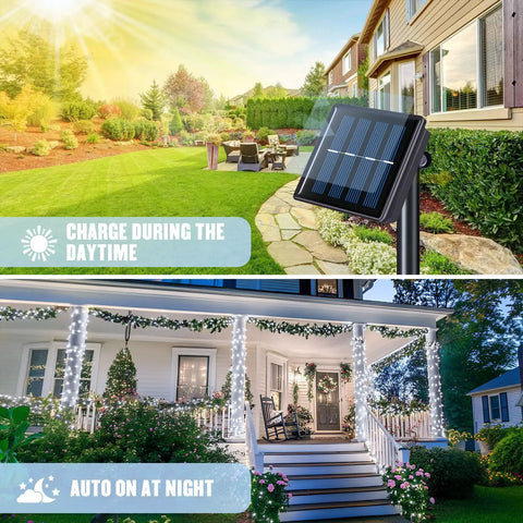 2 Pack Outdoor Solar String Lights With 400 LEDs, 151 Feet, highlighting solar panel charging by day and lighting at night