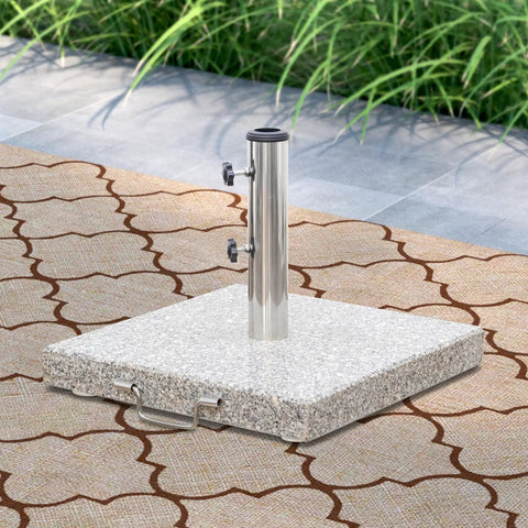 Heavy Duty Granite Patio Umbrella Base With Handle And 2 Casters in outdoor setting, square grey stone, fits 1.5 inch poles