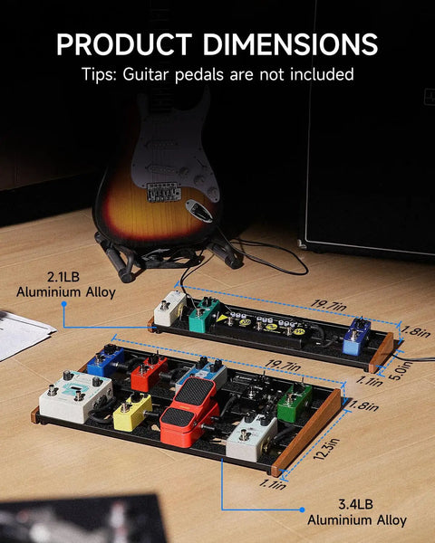 Product dimensions of Guitar Pedalboard With Built In Power Supply, Rugged Aluminum Alloy Effects Board for pros, shown with pedals.