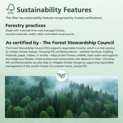 FSC sustainability features infographic highlighting forestry practices and certification, with an image of a lush green forest.
