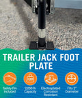 Rock Solid 2 Inch Trailer Jack Foot Plate With Removable Foot Pad Snap Lock Pin Zero Flex 2000 Lb Load Rating Rust Proof Finish installed on gravel.