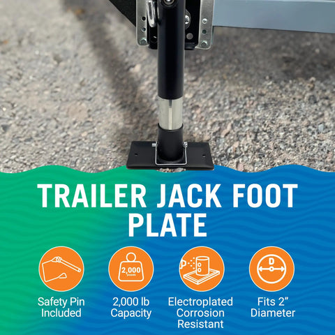 Rock Solid 2 Inch Trailer Jack Foot Plate With Removable Foot Pad Snap Lock Pin Zero Flex 2000 Lb Load Rating Rust Proof Finish installed on gravel.