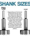 Professional Grade 10 Inch Forstner Bit Extension With 3 8 Inch Shank showing hex and round shank sizes for compatibility.