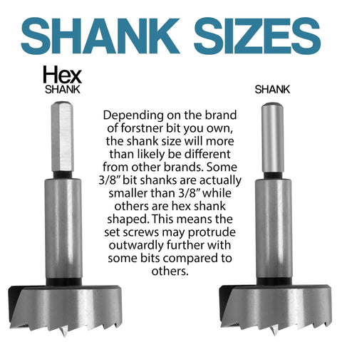 Professional Grade 10 Inch Forstner Bit Extension With 3 8 Inch Shank showing hex and round shank sizes for compatibility.