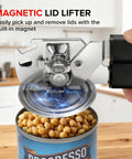 Easy Turn Manual Can Opener With Comfy Grip From Marswell cutting open a can, showing magnetic lid lifter in action