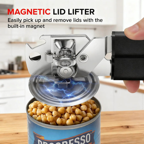 Easy Turn Manual Can Opener With Comfy Grip From Marswell cutting open a can, showing magnetic lid lifter in action